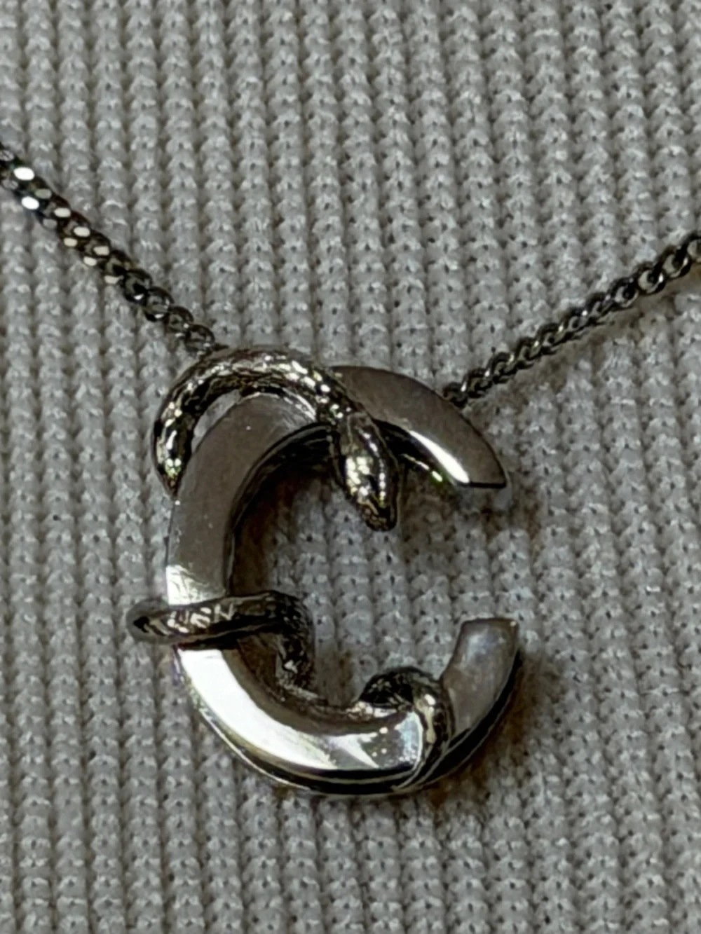 Saint Laurent YSL Sterling Silver C Initial Letter Snake Pendant Chain Necklace